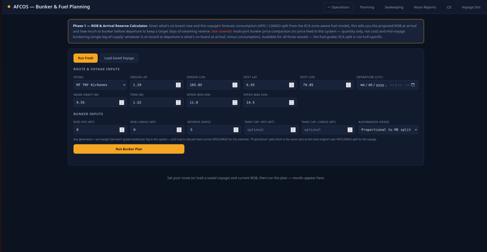AFCOS Bunker and Fuel Planning screen showing a remaining-on-board and arrival-reserve calculator