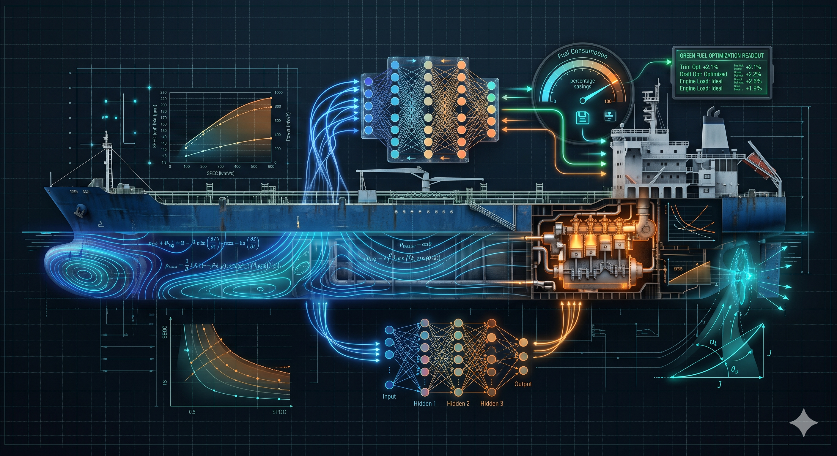 AFCOS digital twin — CFD hull modeling, engine thermodynamics, propeller simulation, and neural network optimization