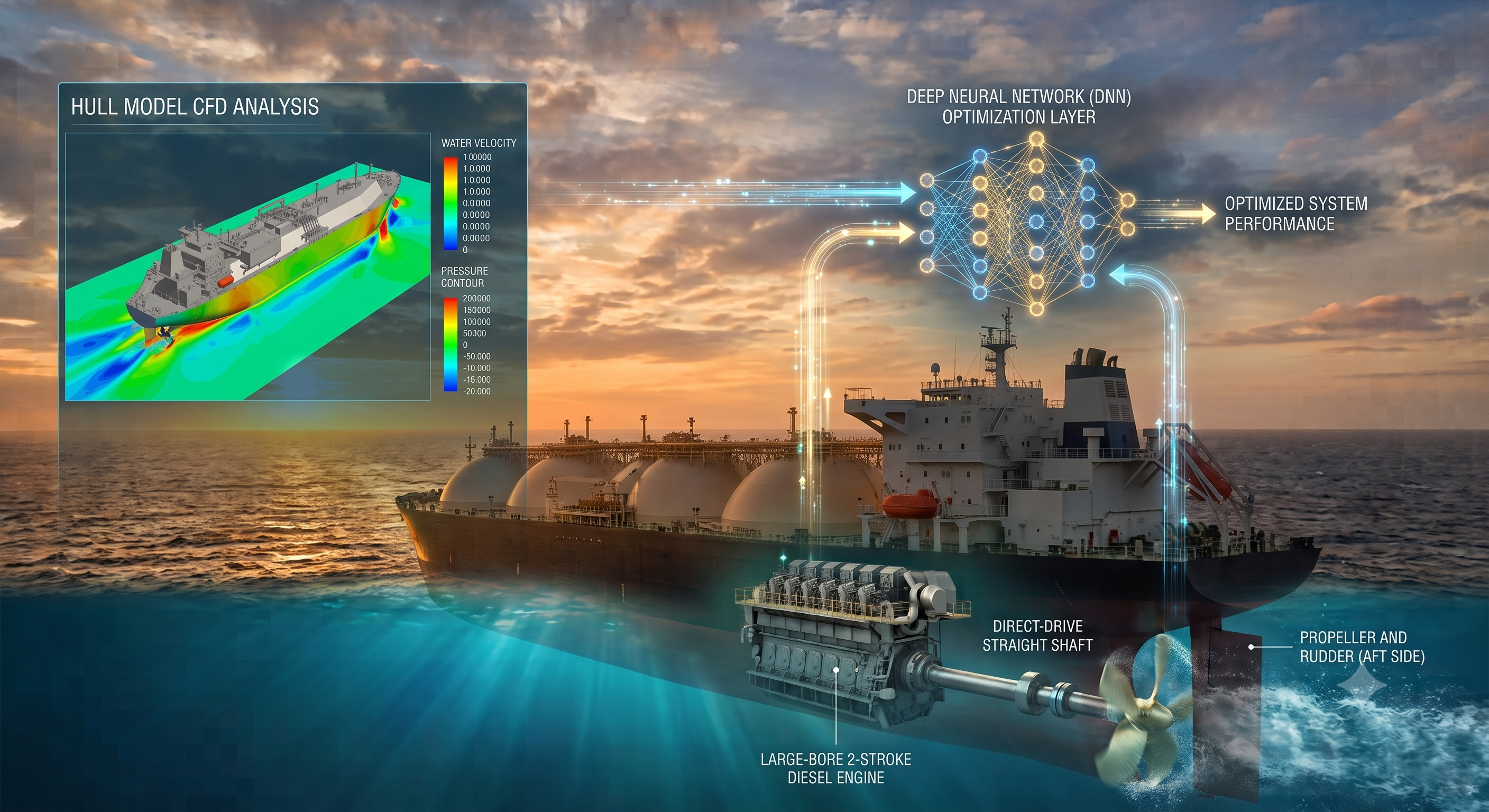 PIAI framework — hull CFD analysis, 2-stroke engine and propeller modeling feeding a deep neural network optimization layer